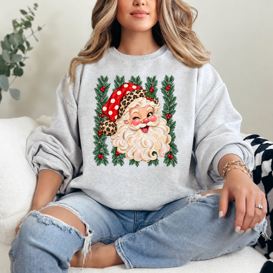 Evergreen Leopard Santa Crewneck — Ash