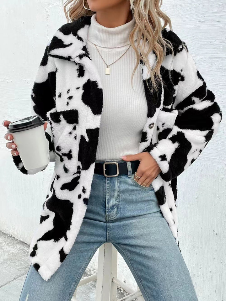 PREORDER: Cow Print Collared Neck Button Up Fuzzy Jacket