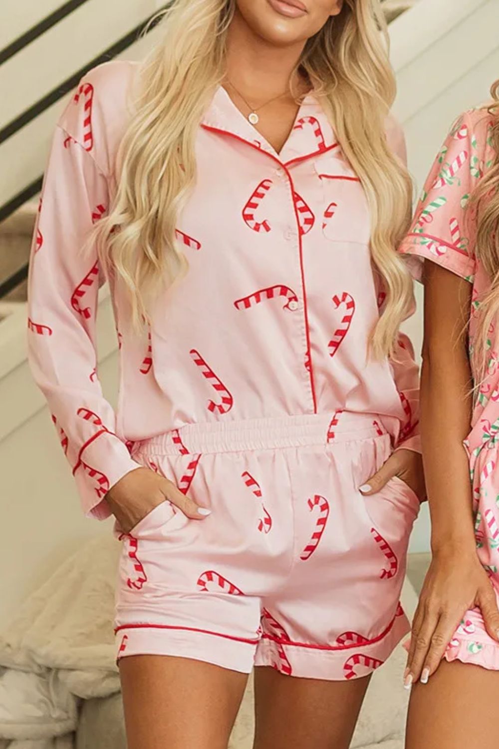 PREORDER: Peppermint Cozy Candy Cane Collared Neck Long Sleeve Top and Shorts Lounge Set