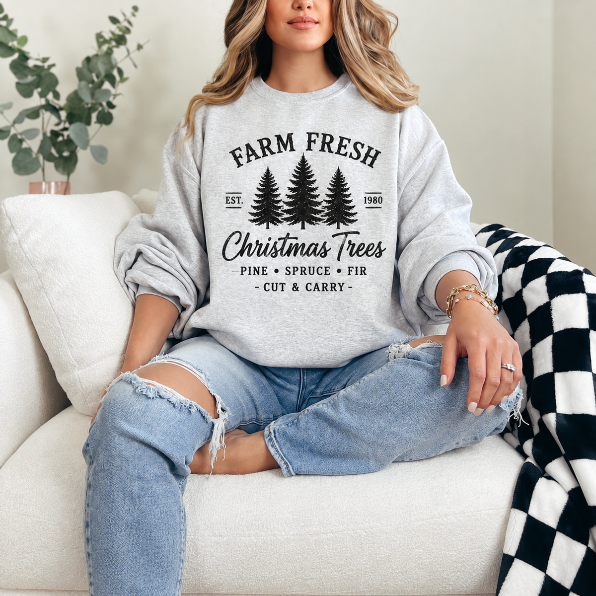Farm Fresh Evergreen Christmas Trees Graphic — Ash Heather Grey Crewneck