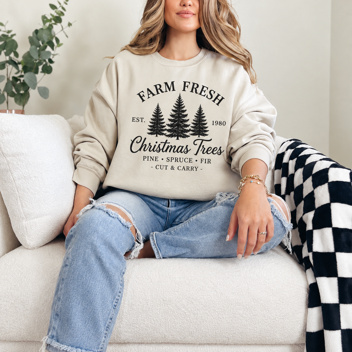Farm Fresh Evergreen Christmas Trees Graphic — Ivory Crewneck