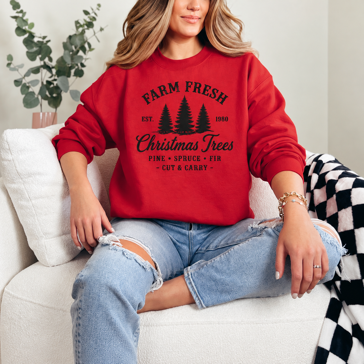 Farm Fresh Evergreen Christmas Trees Graphic — Red Crewneck