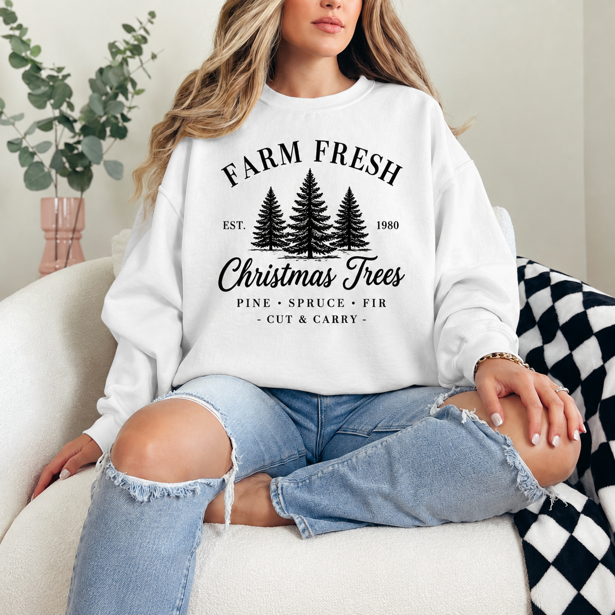 Farm Fresh Evergreen Christmas Trees Graphic — White Crewneck