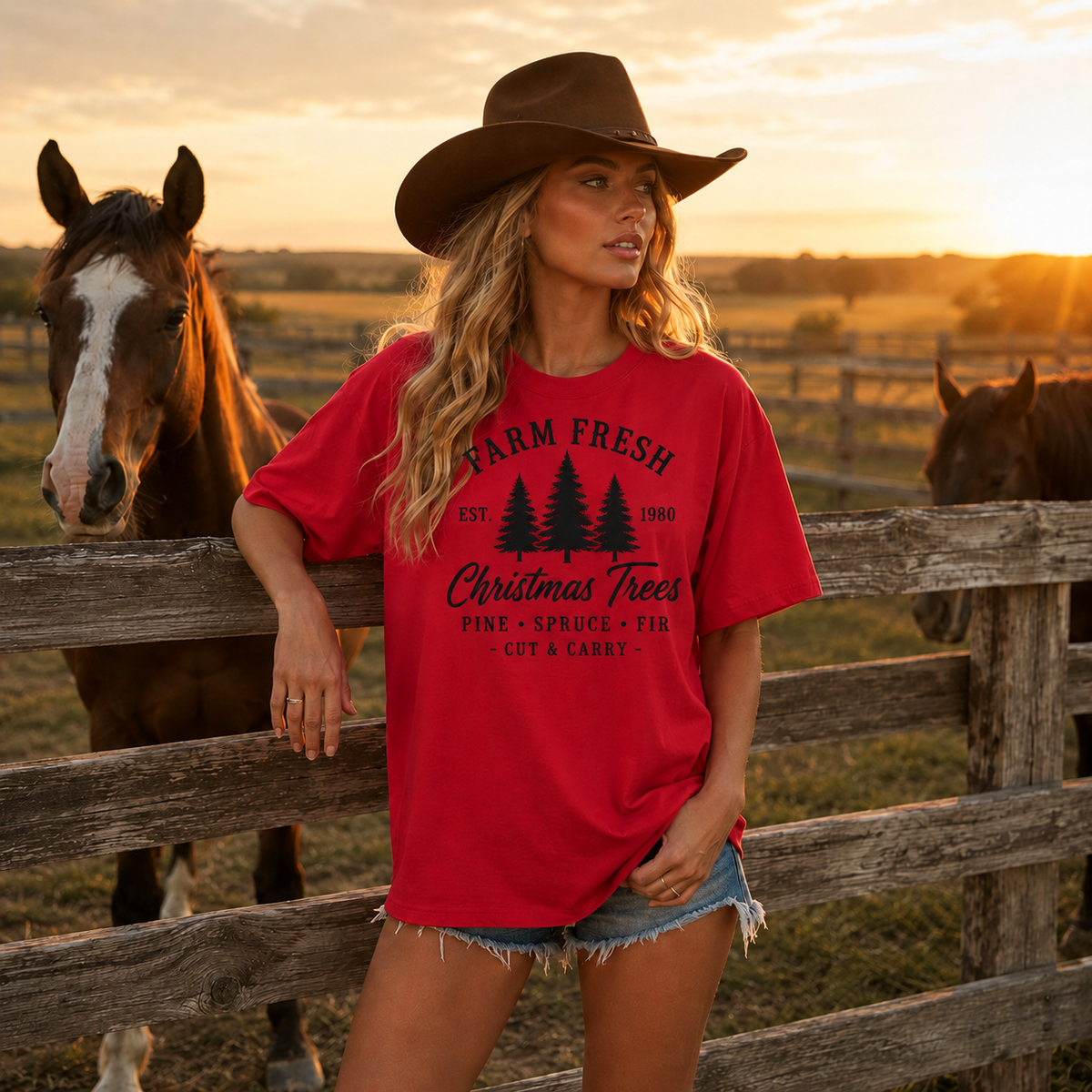 Farm Fresh Evergreen Christmas Trees Graphic — Red T-Shirt