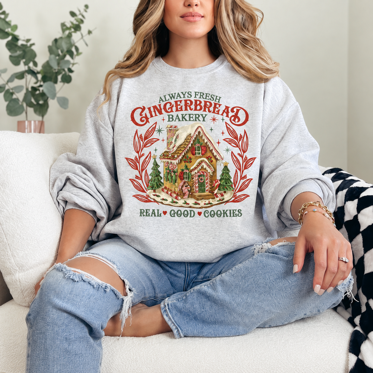 Gingerbread Bakery House Graphic — Ash Heather Grey Crewneck