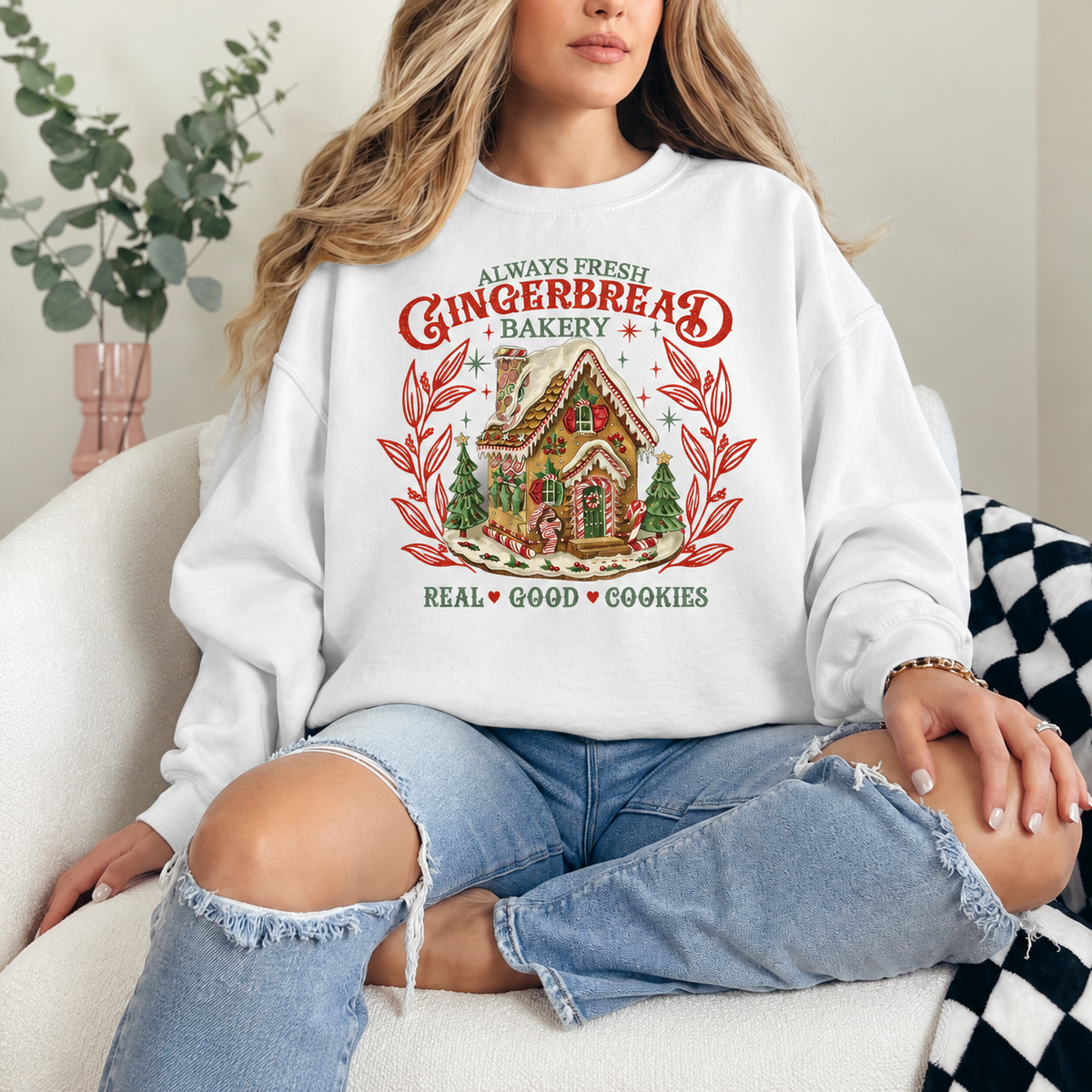 Gingerbread Bakery House Graphic — White Crewneck