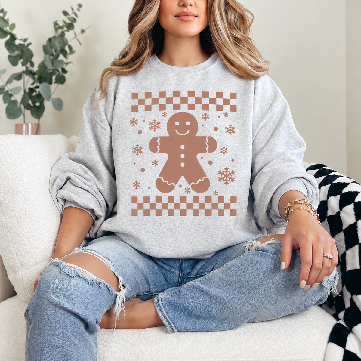 Gingerbread Checkerboard Graphic — Ash Heather Grey Crewneck