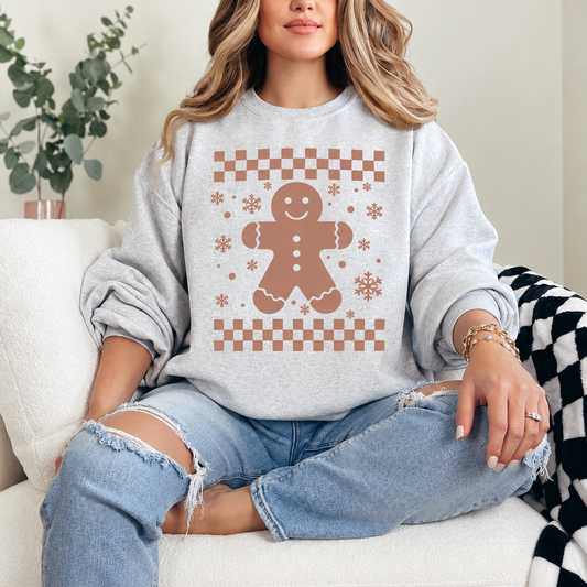 Gingerbread Checkerboard Graphic — Ash Heather Grey Crewneck