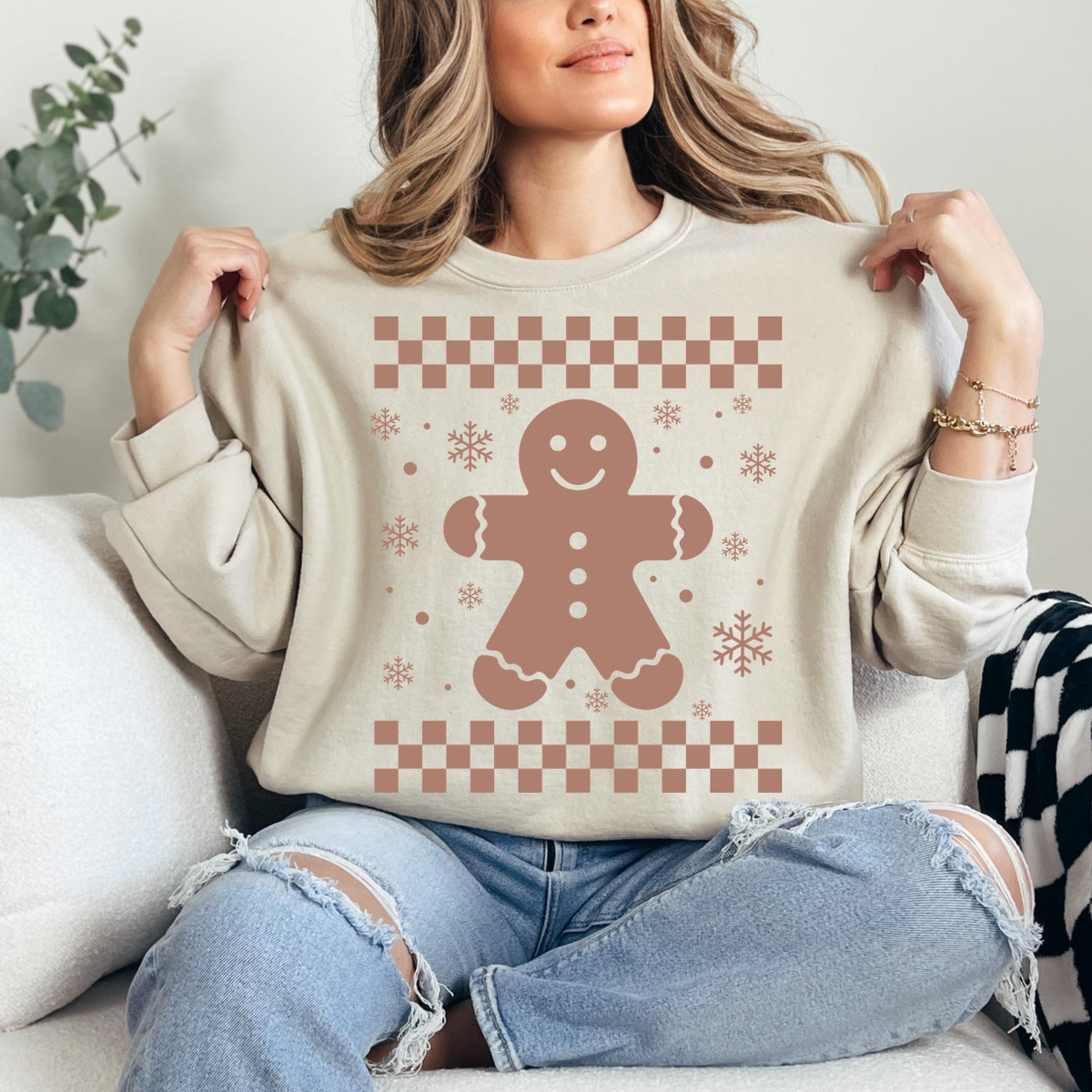 Gingerbread Checkerboard Graphic — Sand Crewneck