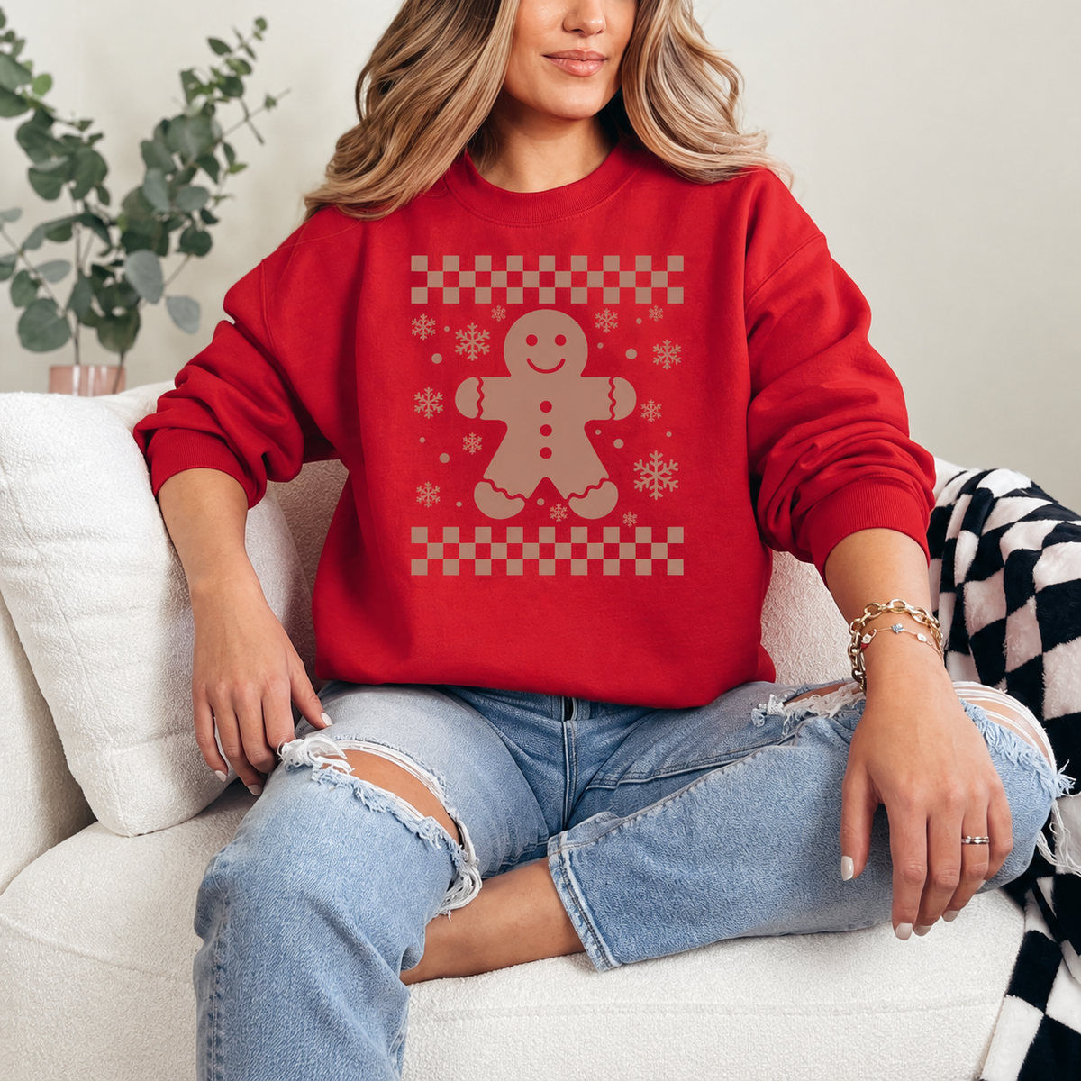 Gingerbread Checkerboard Graphic — Red Crewneck