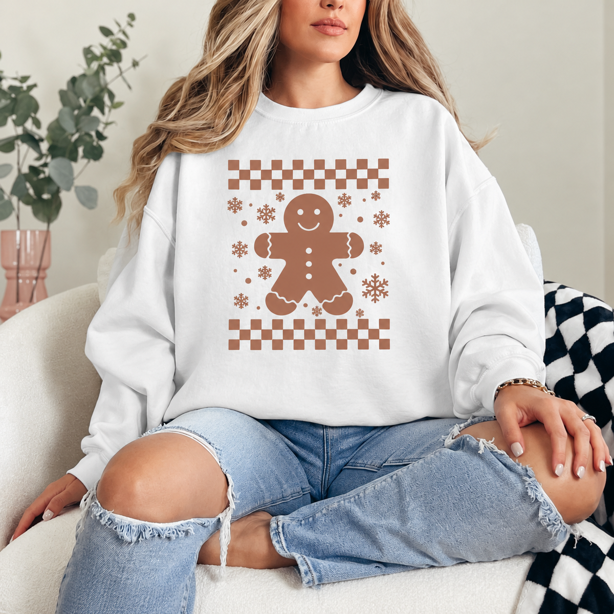 Gingerbread Checkerboard Graphic — White Crewneck