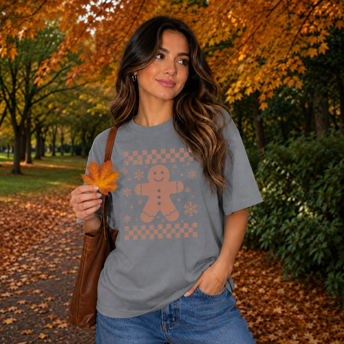 Gingerbread Checkerboard Graphic — Grey T-Shirt
