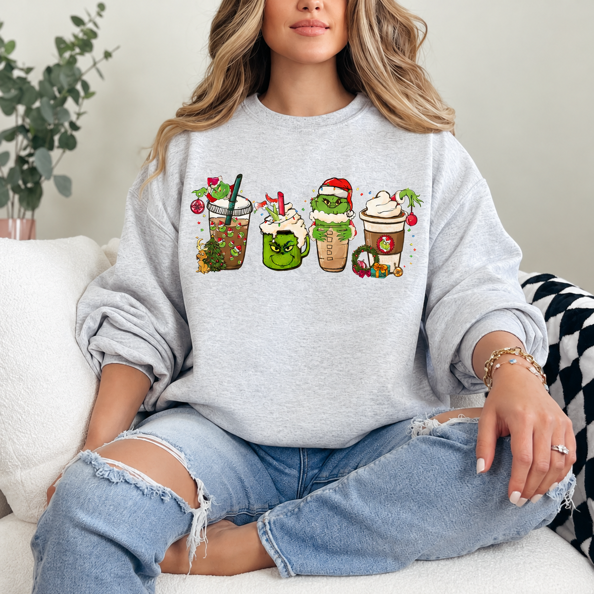Grinch Christmas Coffee Cups Graphic — Ash Heather Grey Crewneck