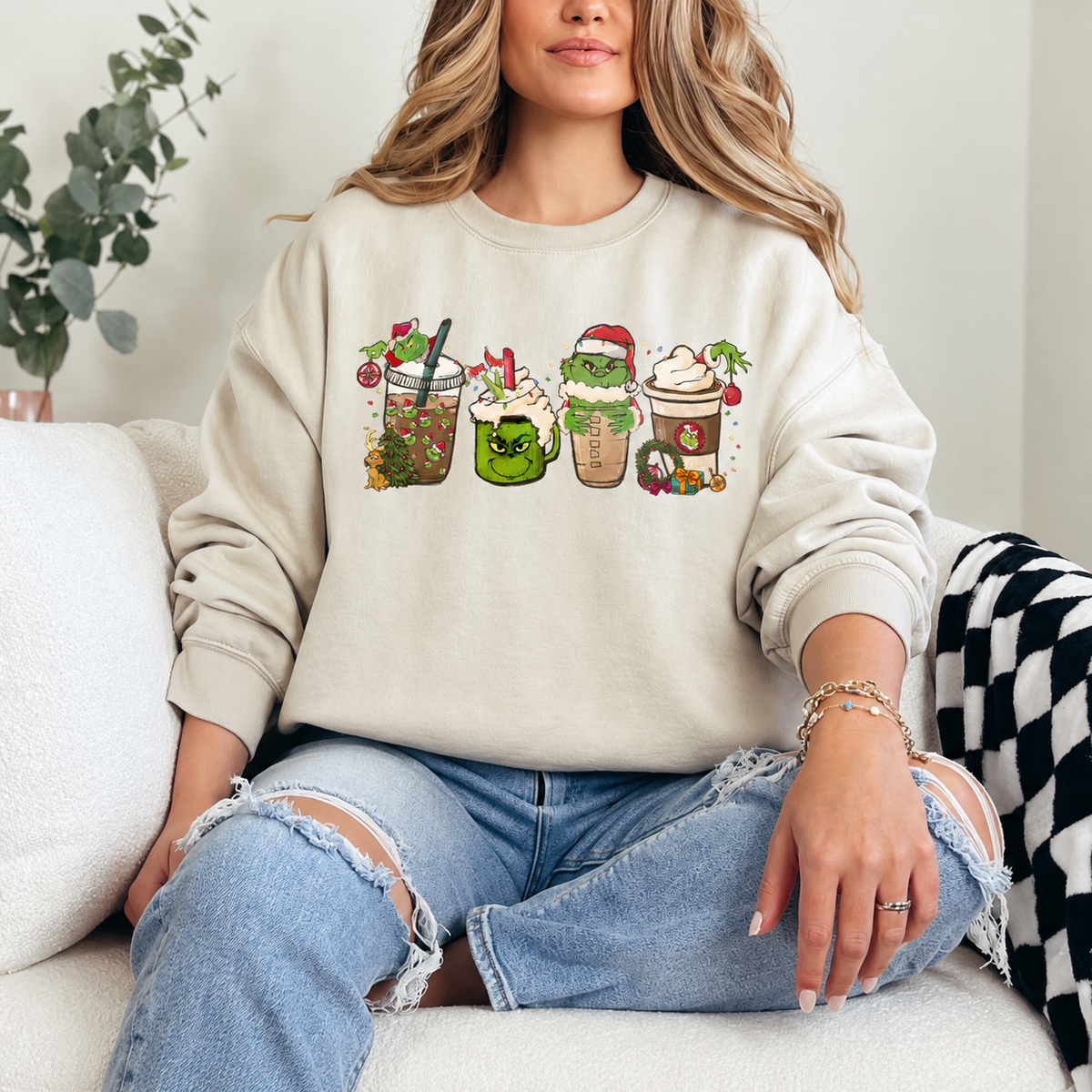 Grinch Christmas Coffee Cups Graphic — Ivory Crewneck