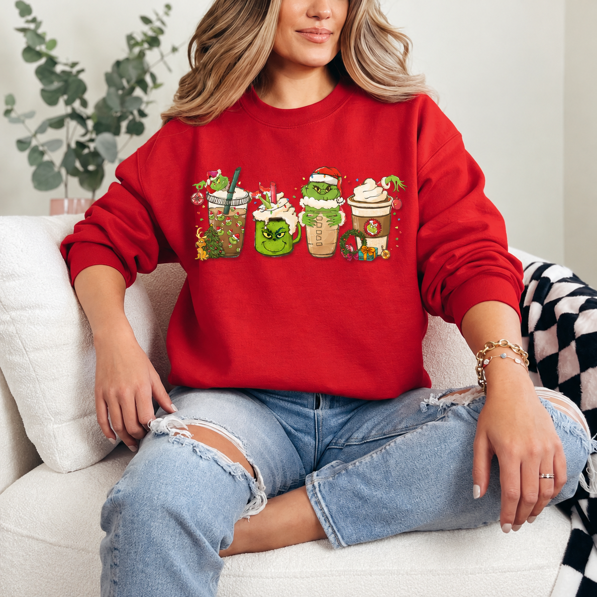 Grinch Christmas Coffee Cups Graphic — Red Crewneck