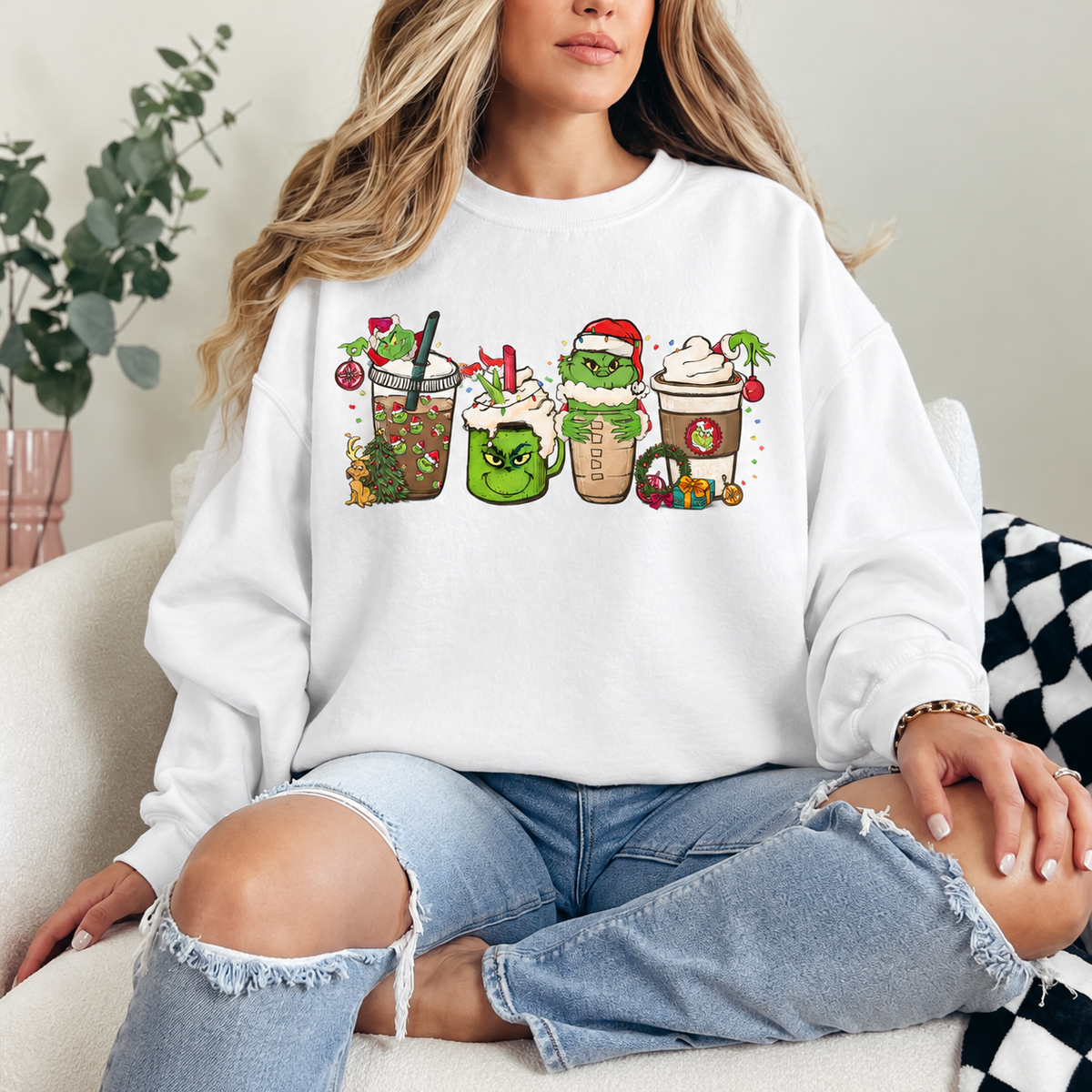 Grinch Christmas Coffee Cups Graphic — White Crewneck