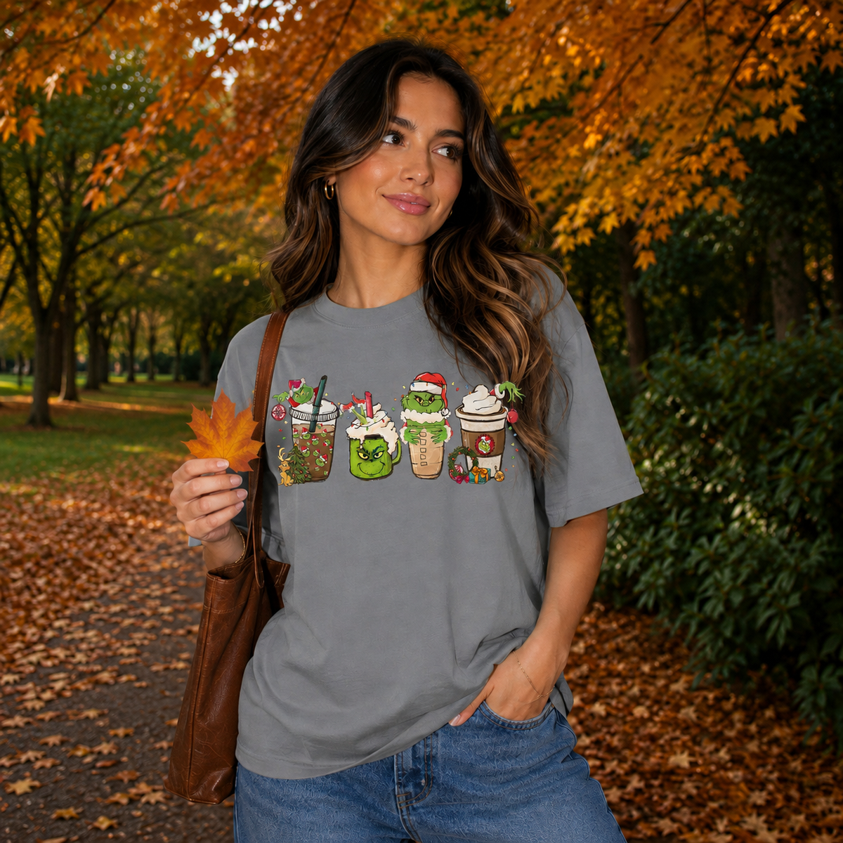 Grinch Christmas Coffee Cups Graphic — Grey T-Shirt