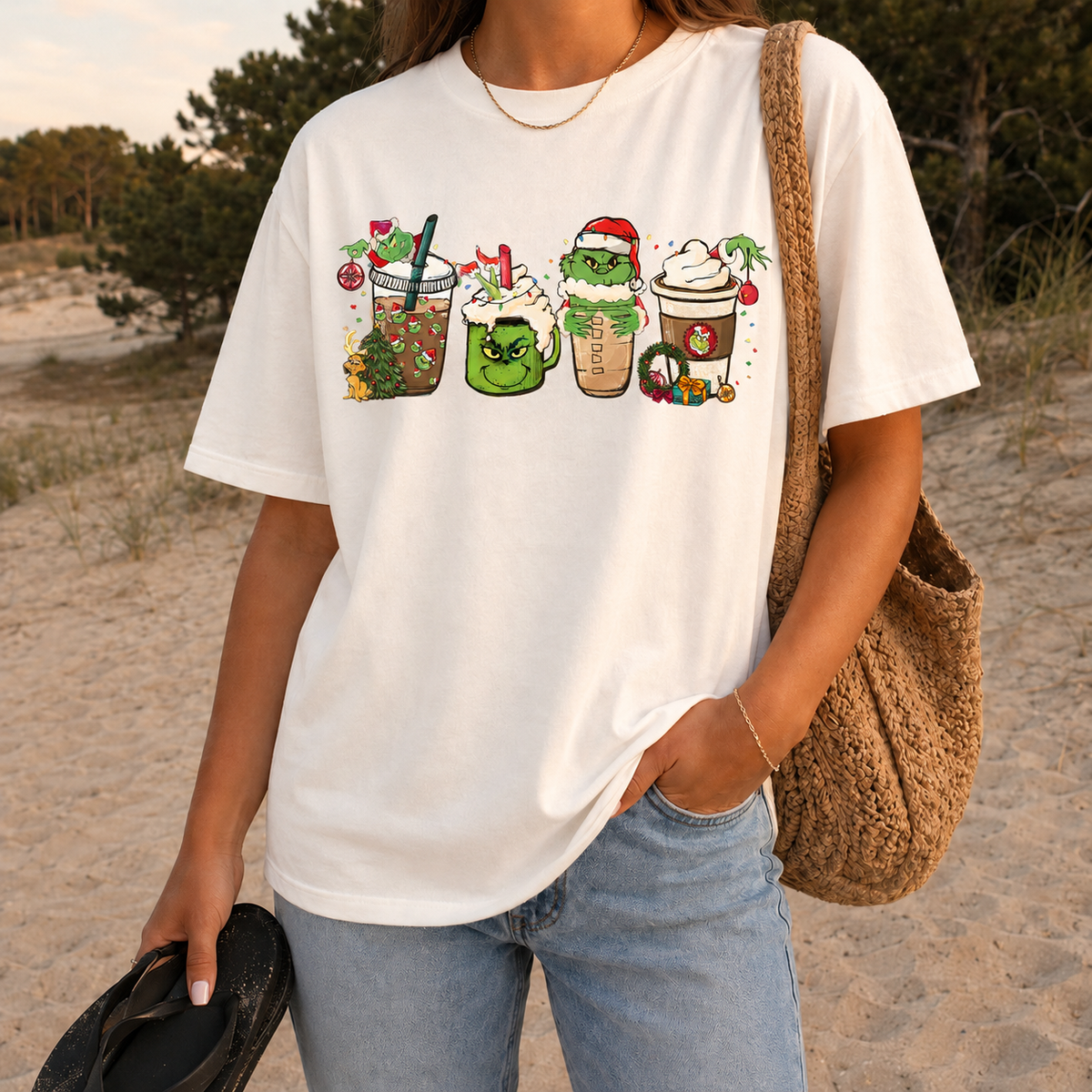 Grinch Christmas Coffee Cups Graphic — Ivory T-Shirt