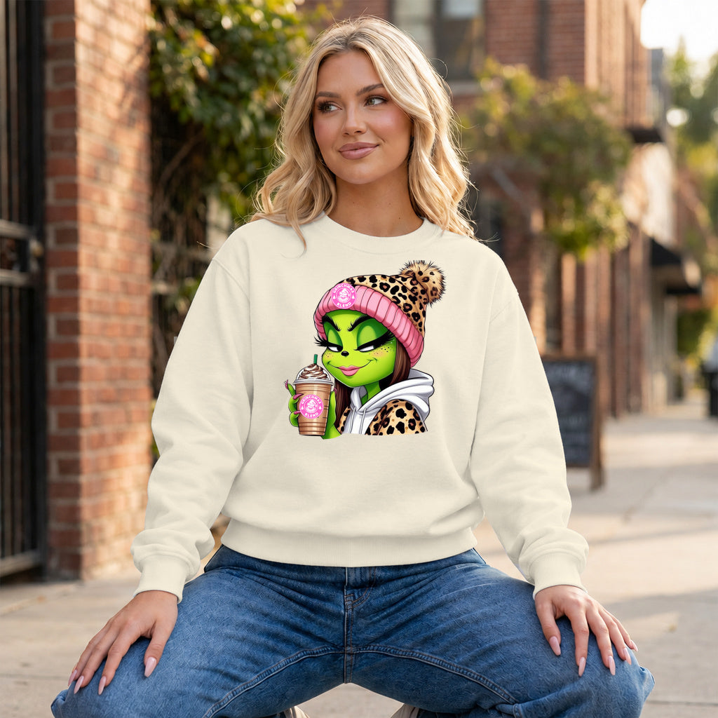 Grinch Girl Coffee Graphic - Ivory Crewneck on model