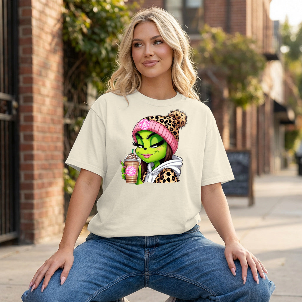 Grinch Girl Coffee Graphic - Ivory T-Shirt on model