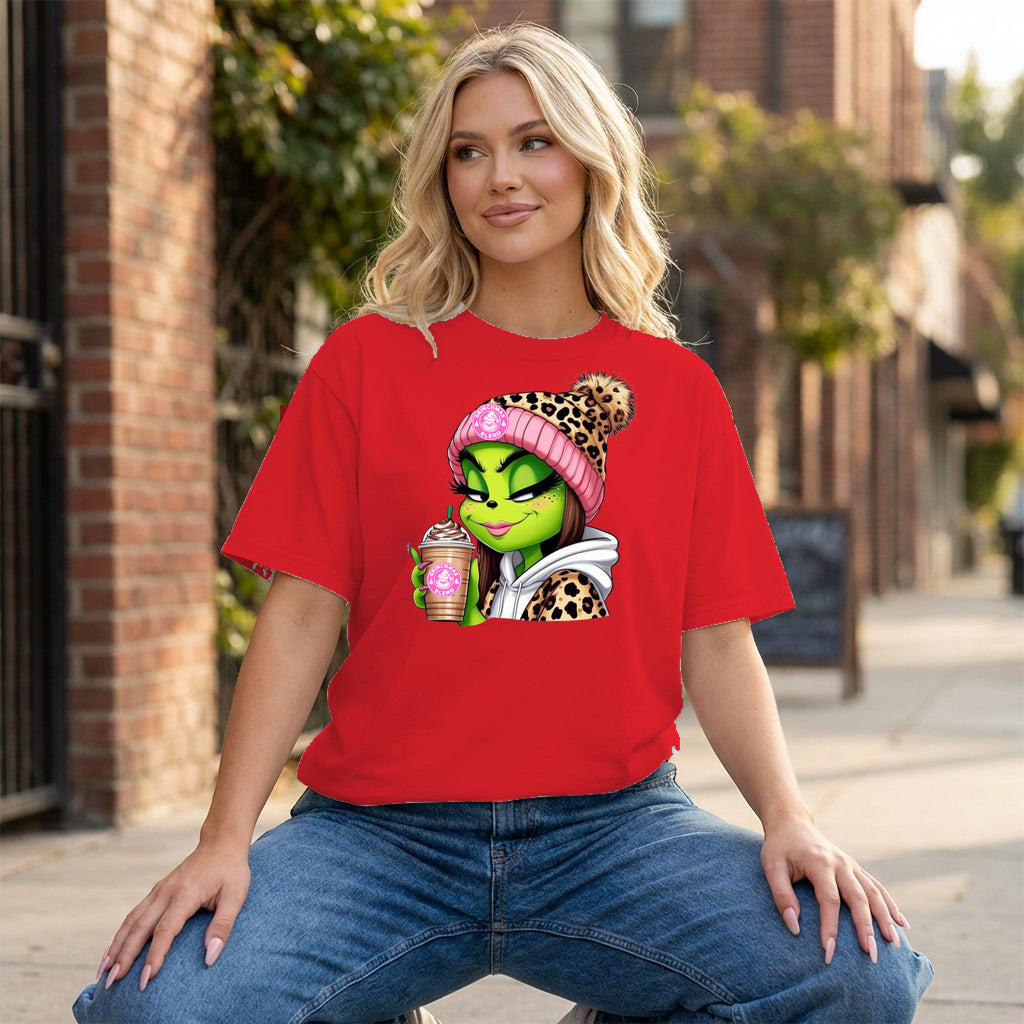 Grinch Girl Coffee Graphic - Red T-Shirt on model