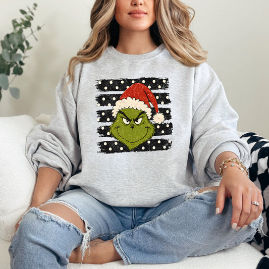 Grinch Polka Dot Graphic - Ash/Heather Grey Crewneck on model