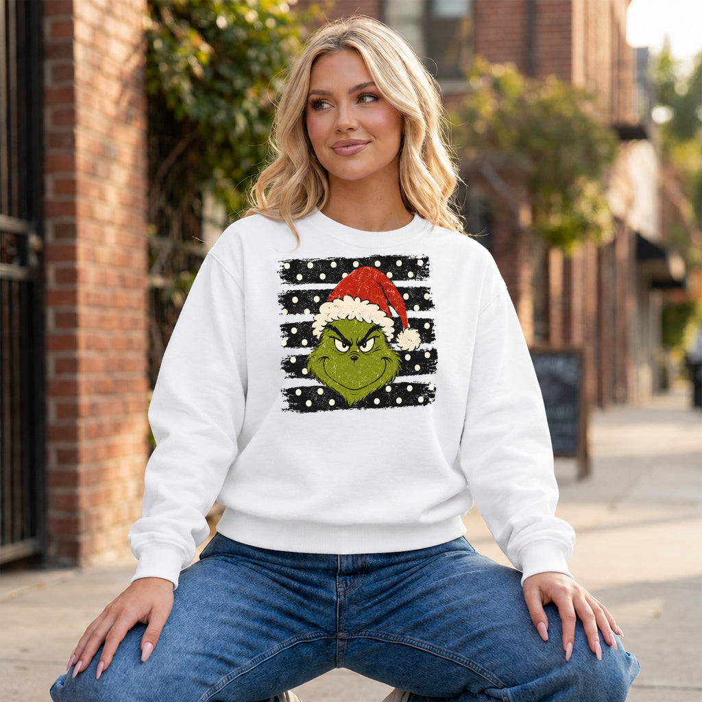 Grinch Polka Dot Graphic - White Crewneck on model