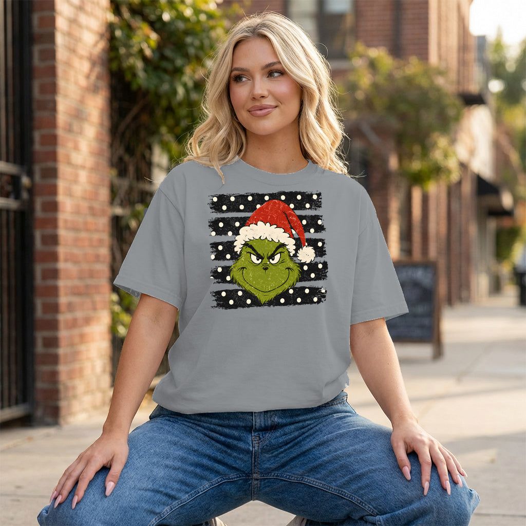 Grinch Polka Dot Graphic - Grey T-Shirt on model