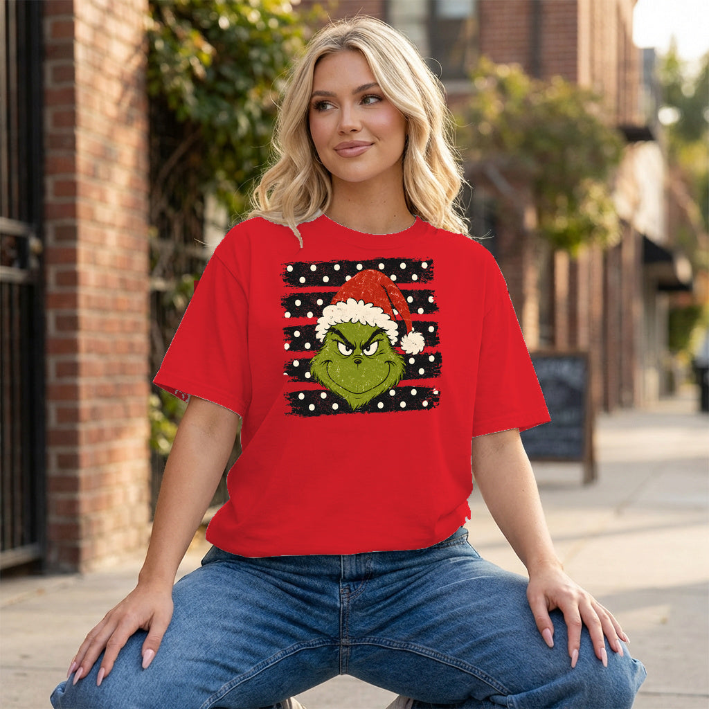 Grinch Polka Dot Graphic - Red T-Shirt on model