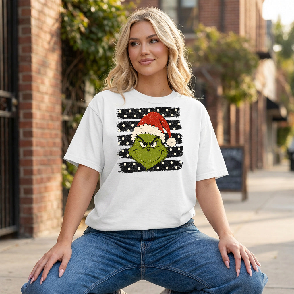 Grinch Polka Dot Graphic - White T-Shirt on model