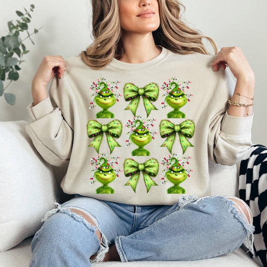 Grinch Rows of Bows Graphic — Sand Crewneck