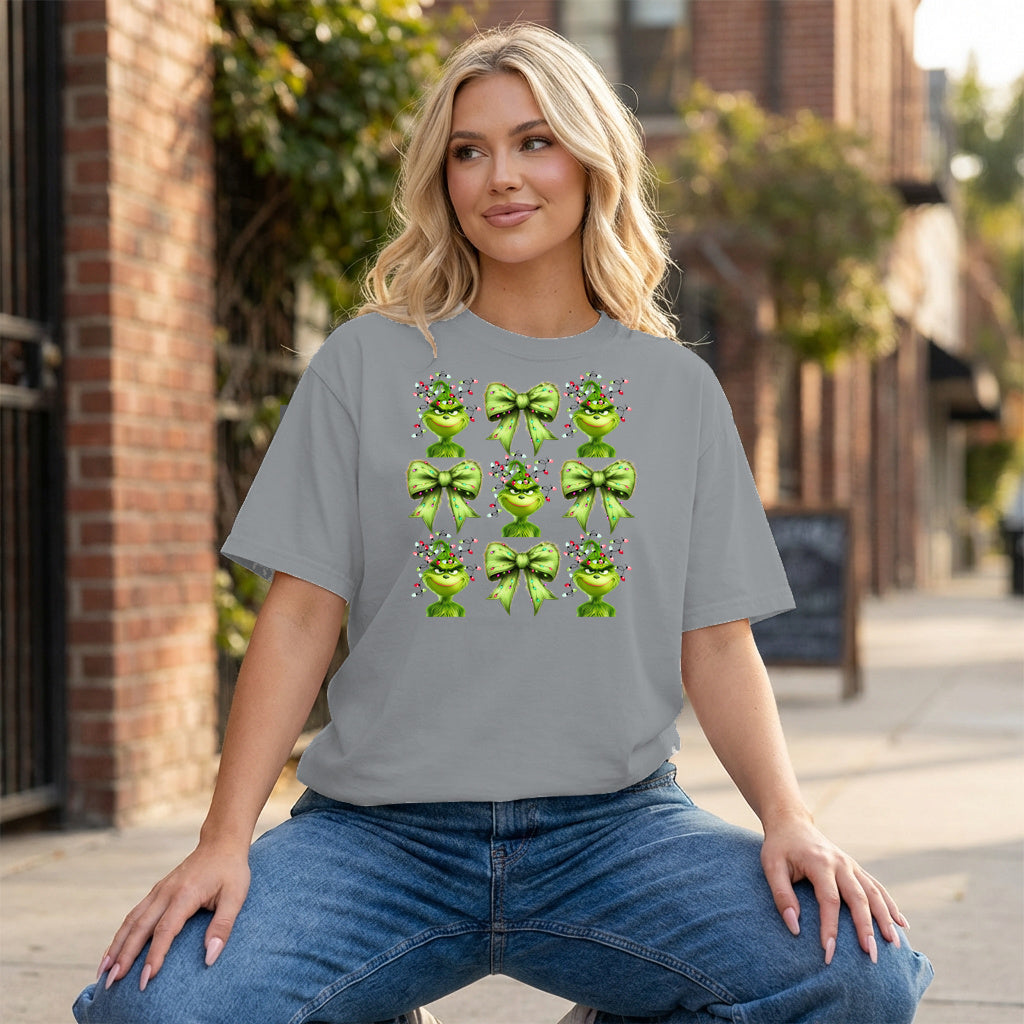 Grinch Rows of Bows Graphic - Grey T-Shirt on model