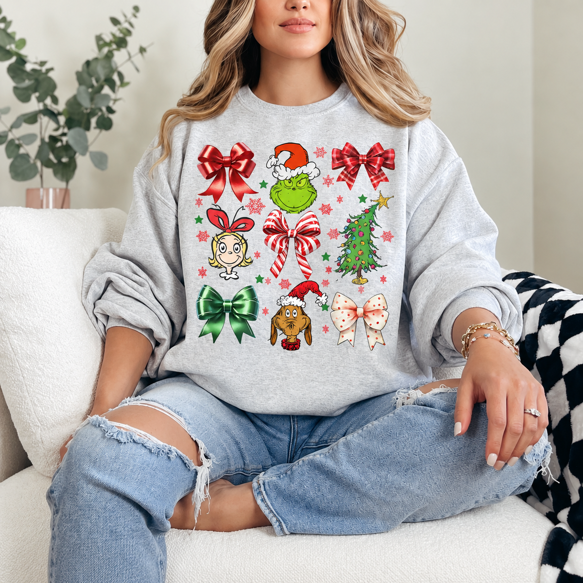 Grinchmas Coquette Bows Graphic — Ash Heather Grey Crewneck