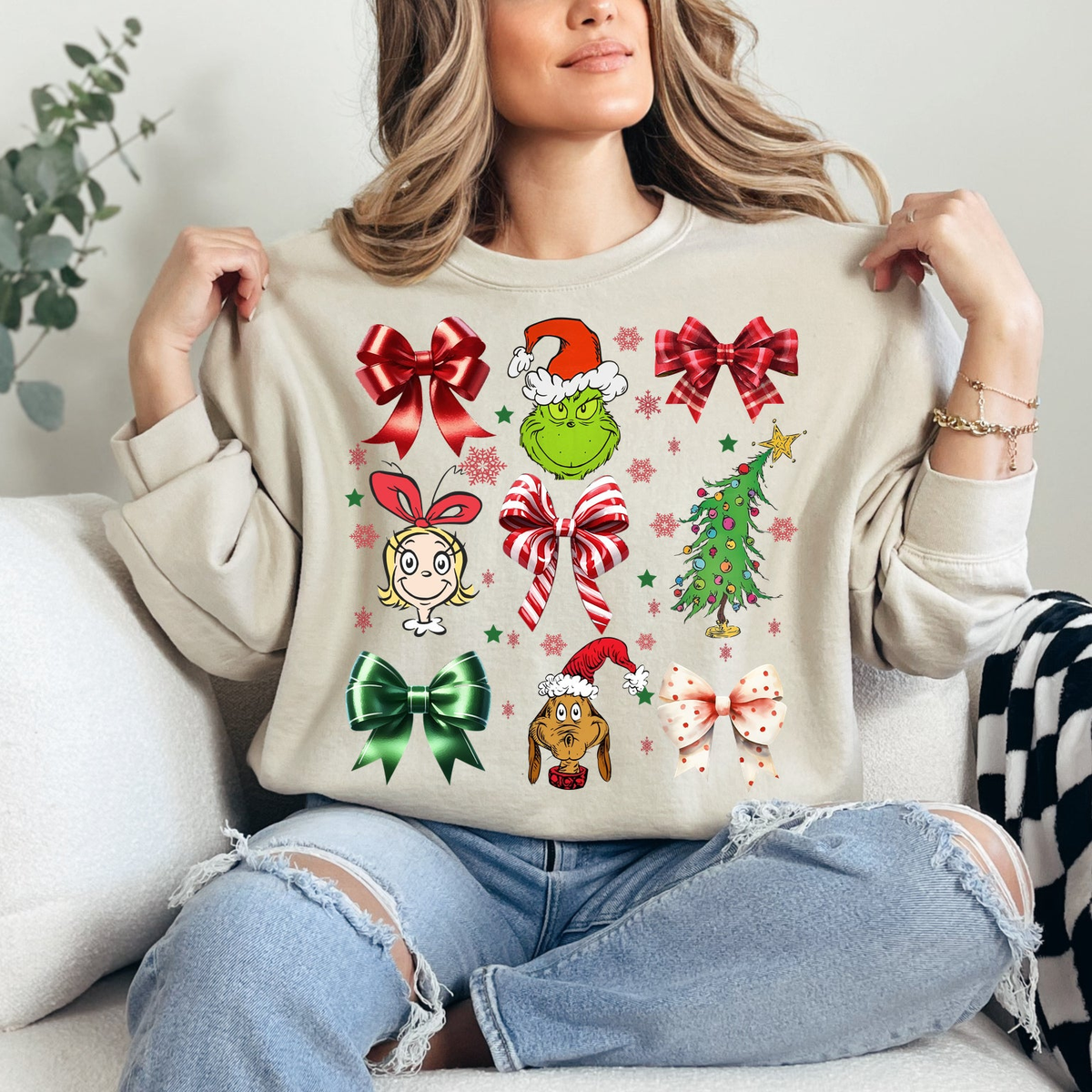 Grinchmas Coquette Bows Graphic — Sand Crewneck