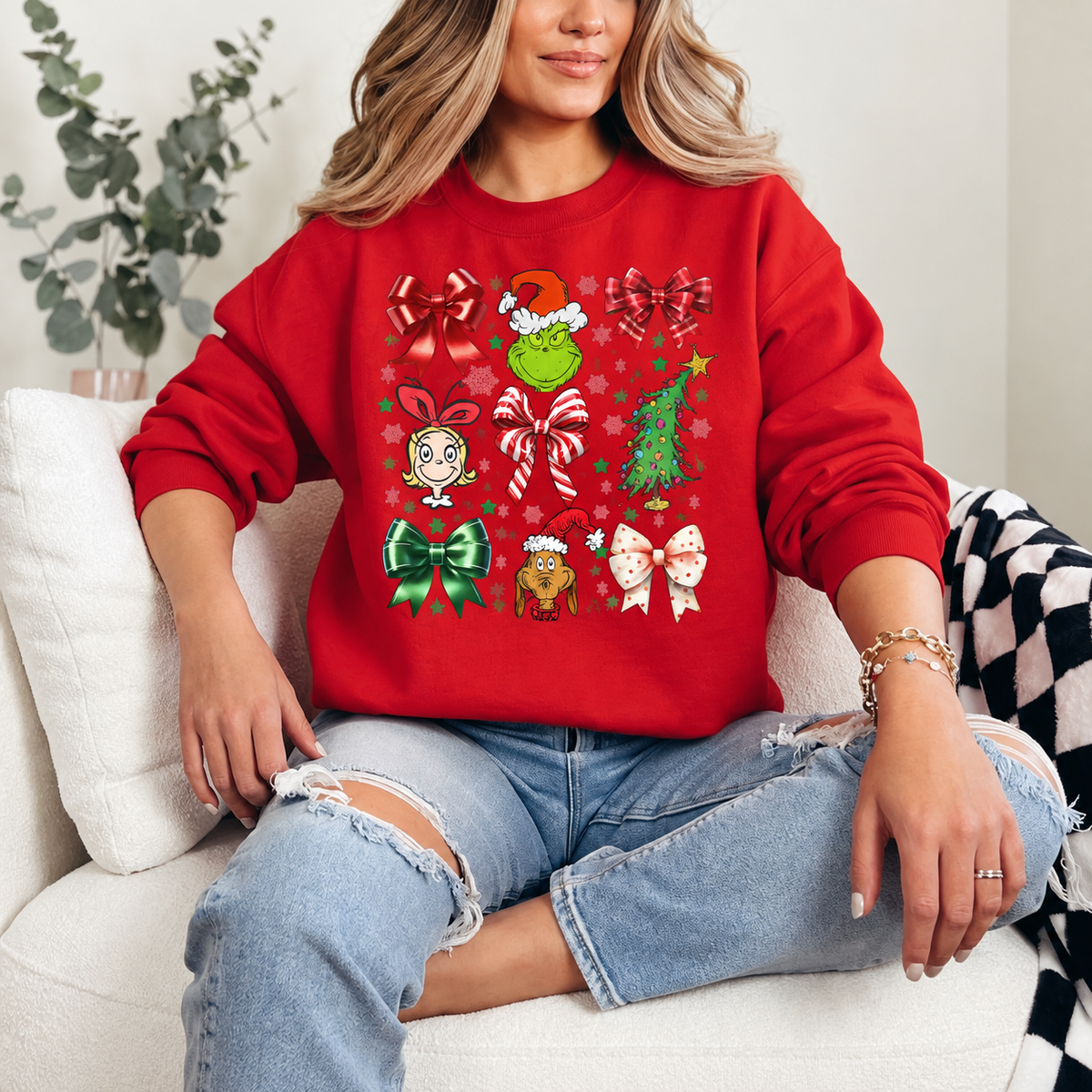 Grinchmas Coquette Bows Graphic — Red Crewneck