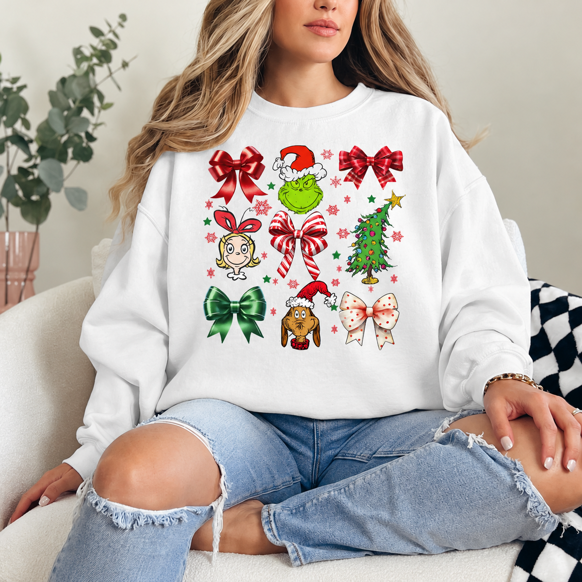 Grinchmas Coquette Bows Graphic — White Crewneck