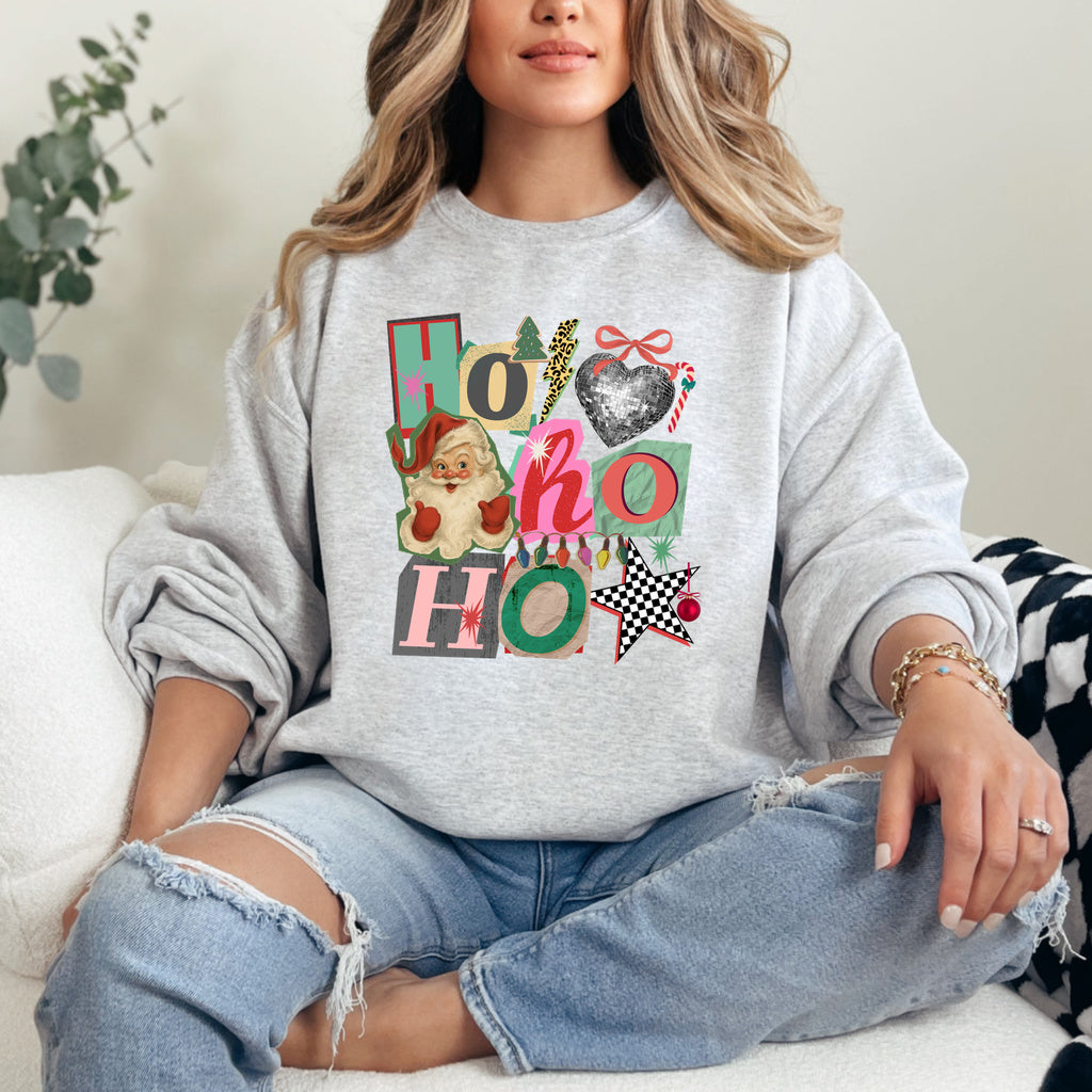 Ho Ho Ho Collage Graphic - Ash/Heather Grey Crewneck on model