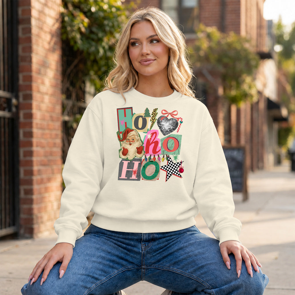 Ho Ho Ho Collage Graphic - Ivory Crewneck on model