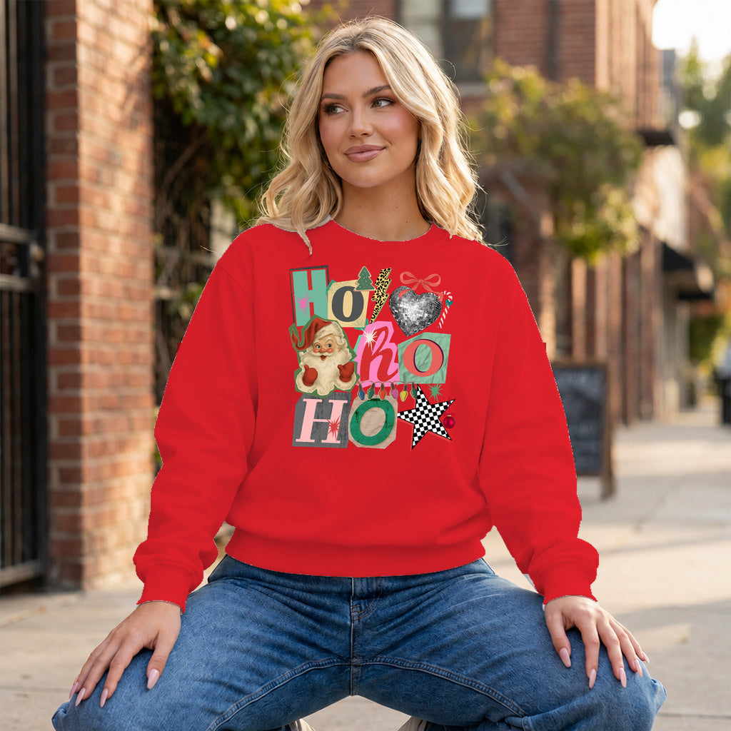 Ho Ho Ho Collage Graphic - Red Crewneck on model