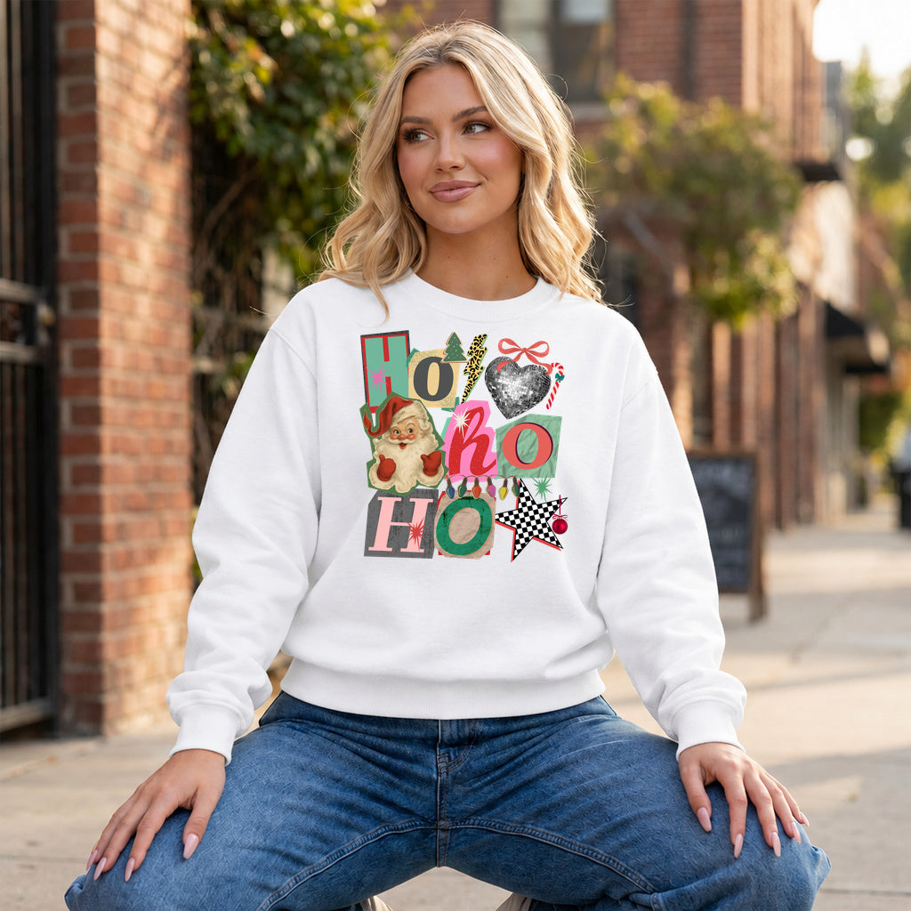 Ho Ho Ho Collage Graphic - White Crewneck on model