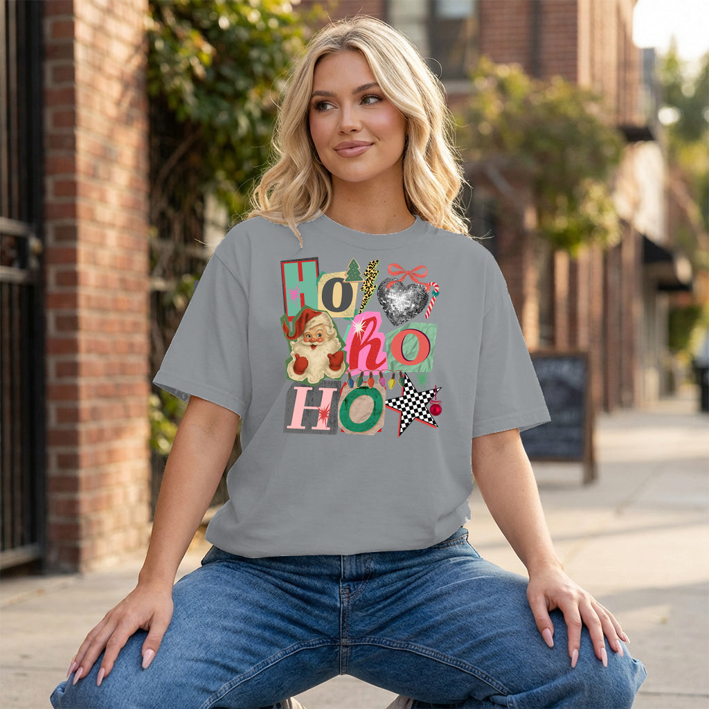 Ho Ho Ho Collage Graphic - Grey T-Shirt on model