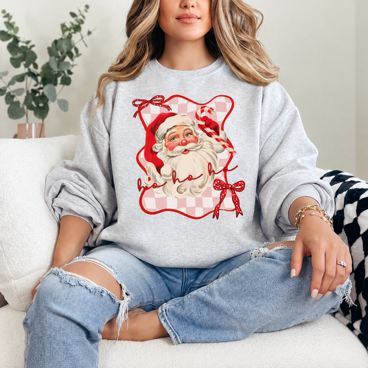 Ho Ho Ho Santa Bow Graphic — Ash Heather Grey Crewneck