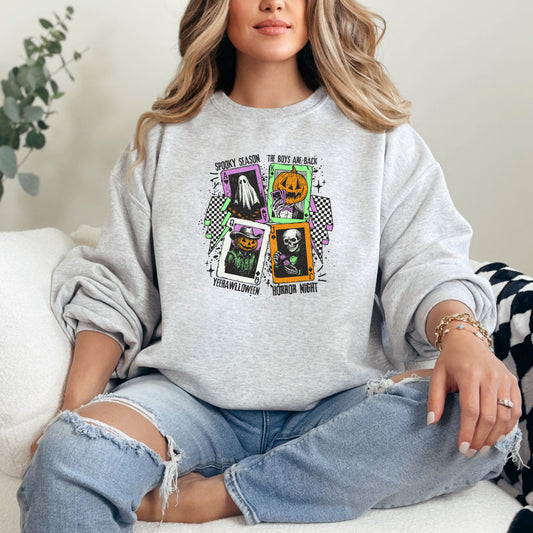 Horror Night Playing Cards Graphic - Ash/Heather Grey Crewneck on model