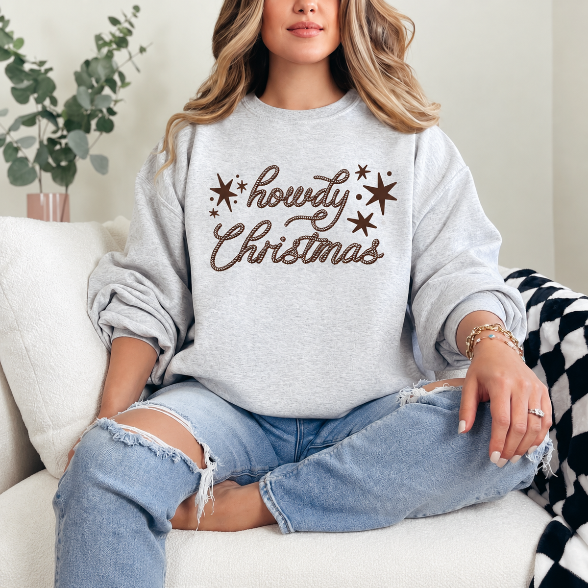 Howdy Christmas Rope Script Graphic — Ash Heather Grey Crewneck
