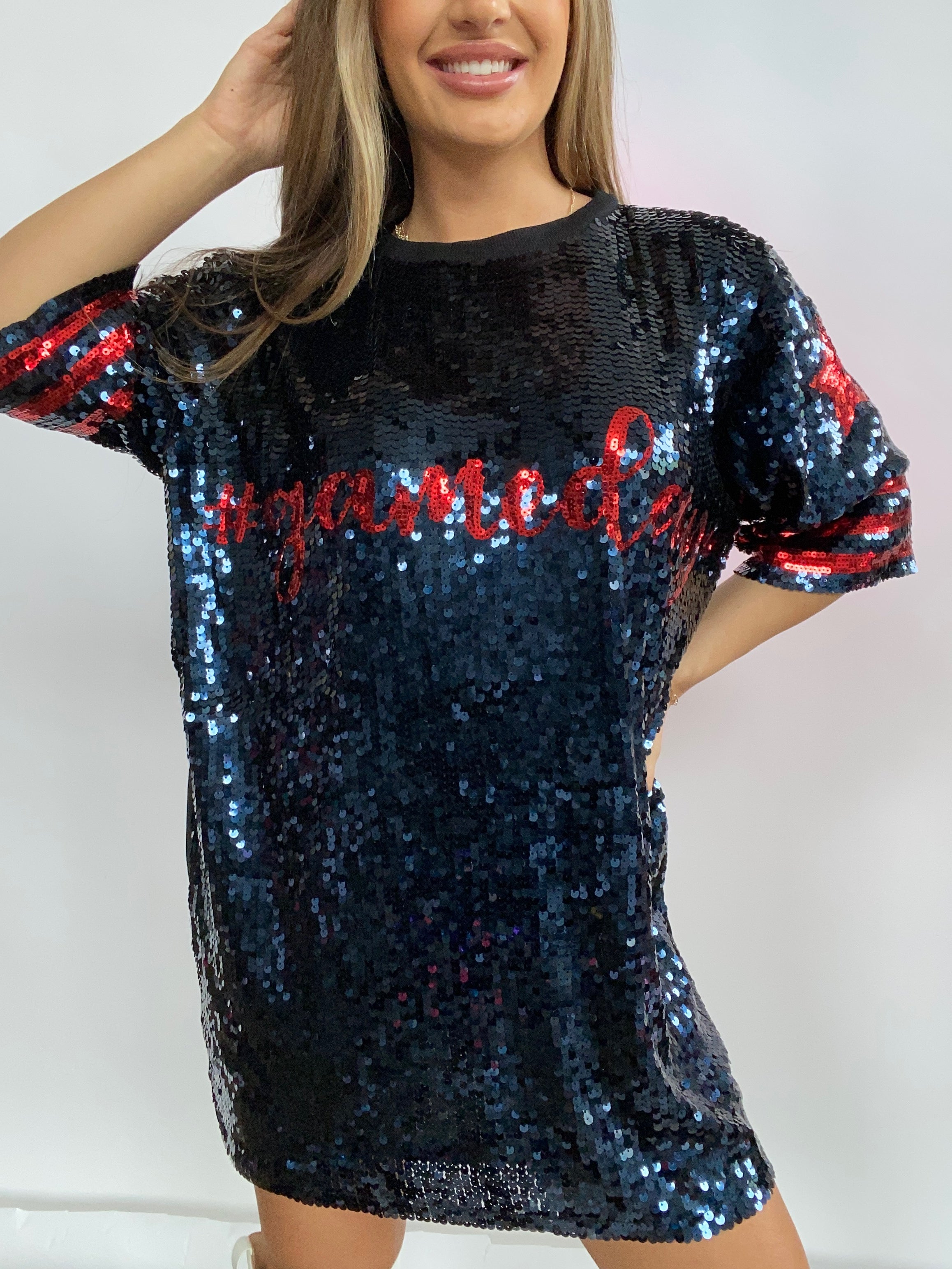 Game Day Script Sequin Dress- Navy and Red