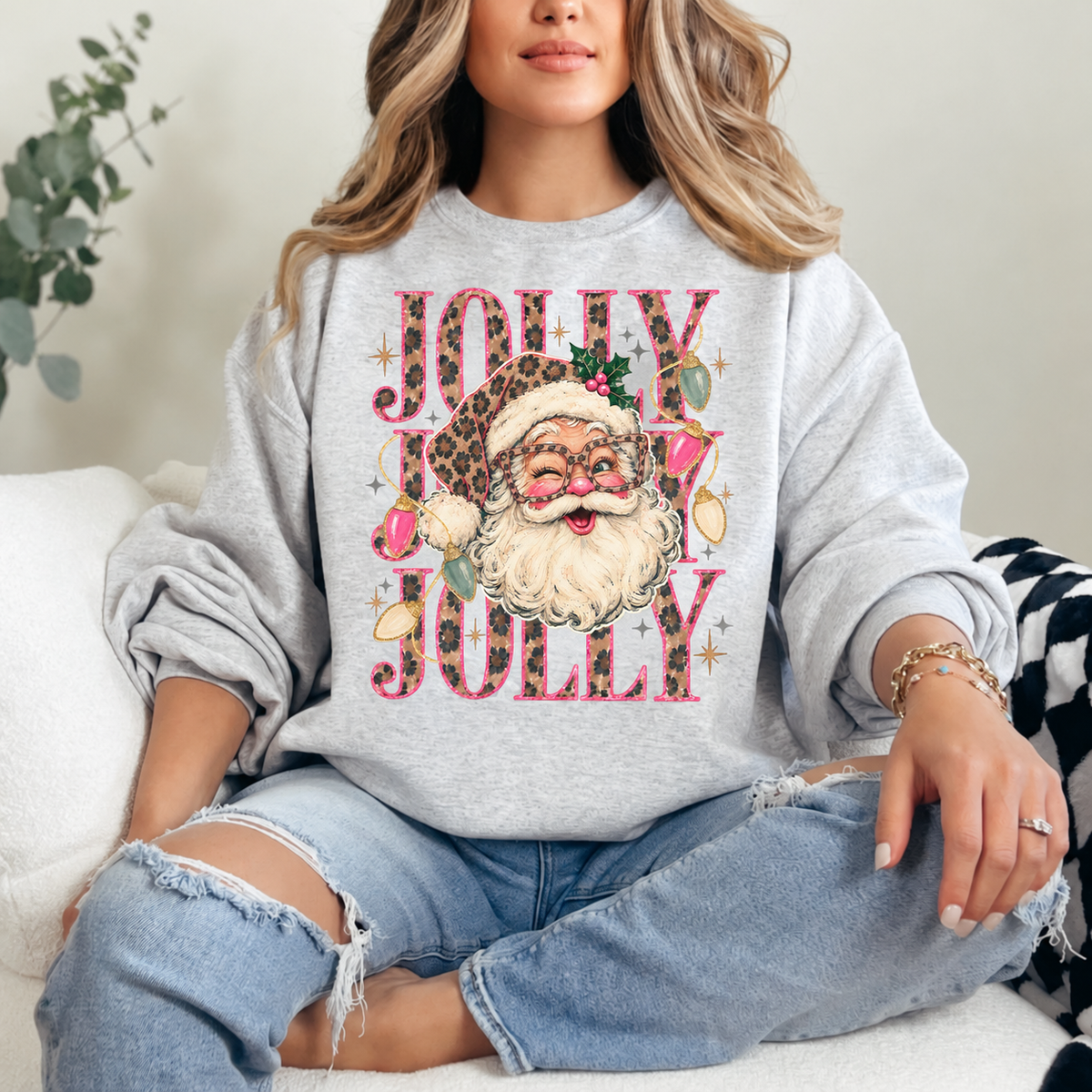 Jolly Leopard Santa Crewneck — Ash