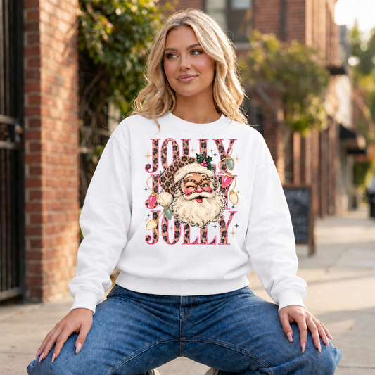Jolly Leopard Santa Crewneck — White