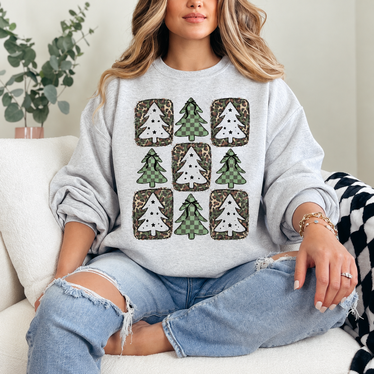 Leopard and Camo Christmas Trees Graphic — Ash Heather Grey Crewneck
