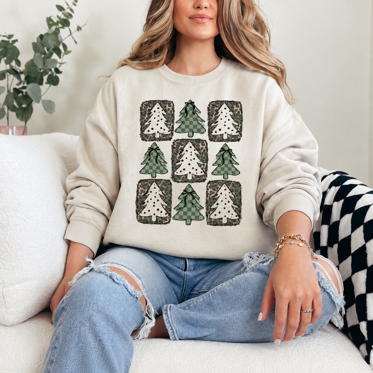 Leopard and Camo Christmas Trees Graphic — Ivory Crewneck