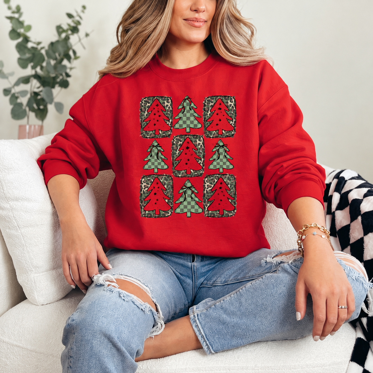 Leopard and Camo Christmas Trees Graphic — Red Crewneck